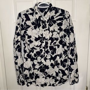Tommy Hilfiger Classic Fit White and Navy Cotton Floral Button Down Shirt Large